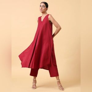 NWT TrueBrowns Linen Maroon Sleeveless Kurta Pant Set Size M